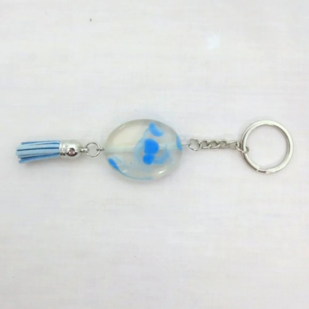 New Handcrafted Keychain Bag Charm Blue Beaded Boho Leather Tassel Swivel Clip
